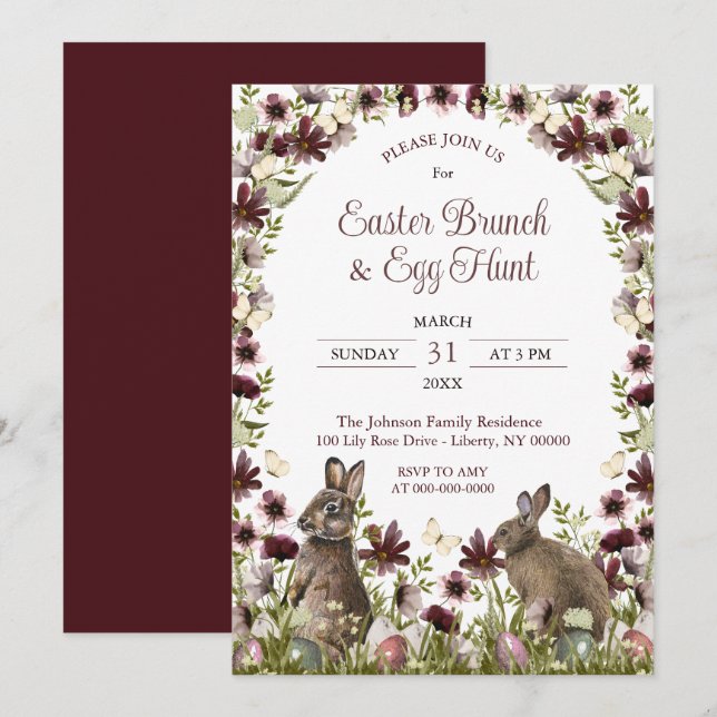 Invitation Lapins aux fleurs sauvages à l'aquarelle Brunch du (Devant / Derrière)
