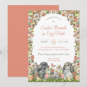 Invitation Lapins aux fleurs sauvages à l'aquarelle Brunch du