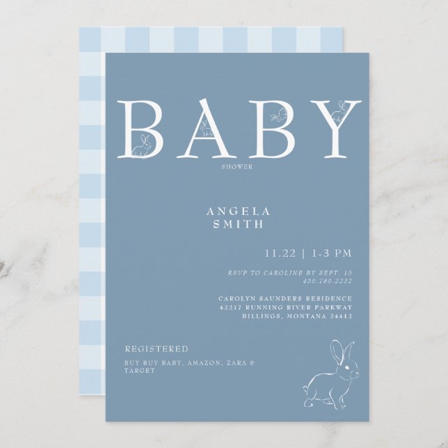 Invitation Lapins blancs Baby shower bleu clair En vichy (Devant / Derrière)