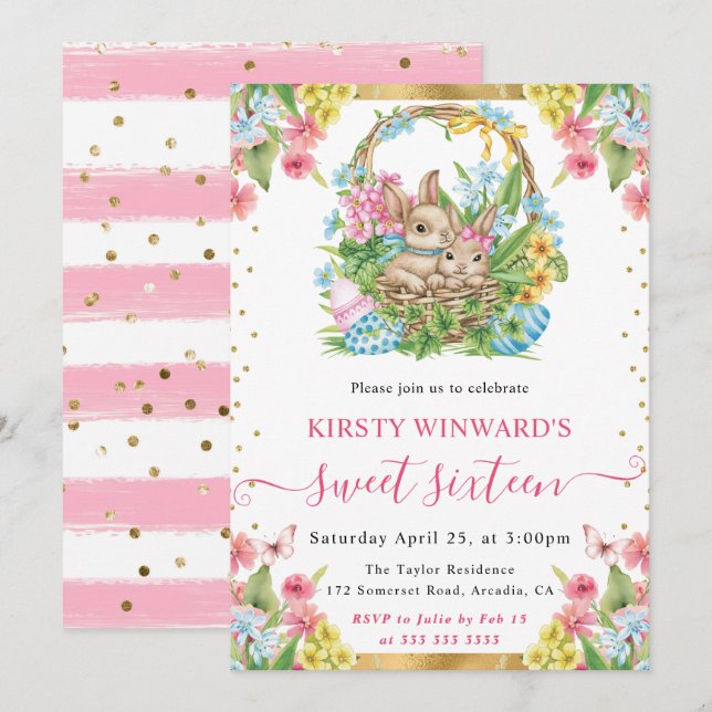 Invitation Lapins de Pâques à l'aquarelle Sweet 16 de printem (Devant / Derrière)