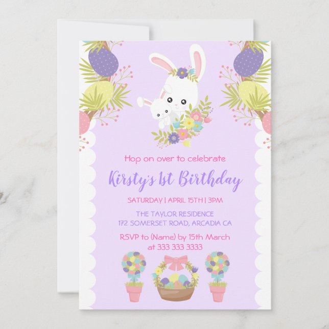 Invitation Lapins de Pâques Mignons Œufs Fleurs Fête d'annive (Devant)