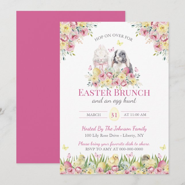 Invitation Lapins floraux à l'aquarelle Brunch du dimanche de (Devant / Derrière)