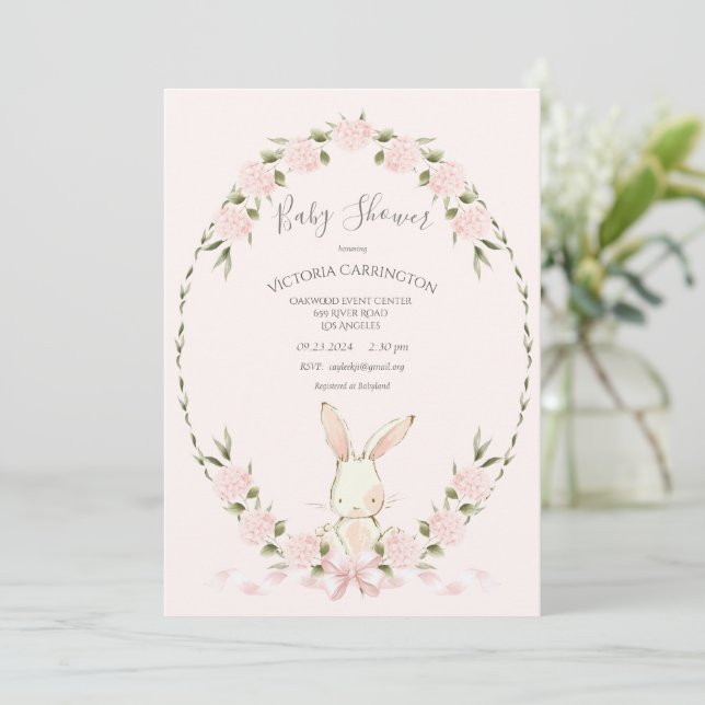 Invitation Lapins Floraux Hydrangeas Rose Fille Baby Shower (Debout devant)
