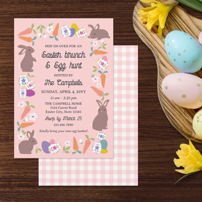 Invitation Lapins roses mignons Carottes Brunch de Pâques Cha (Créateur téléchargé)