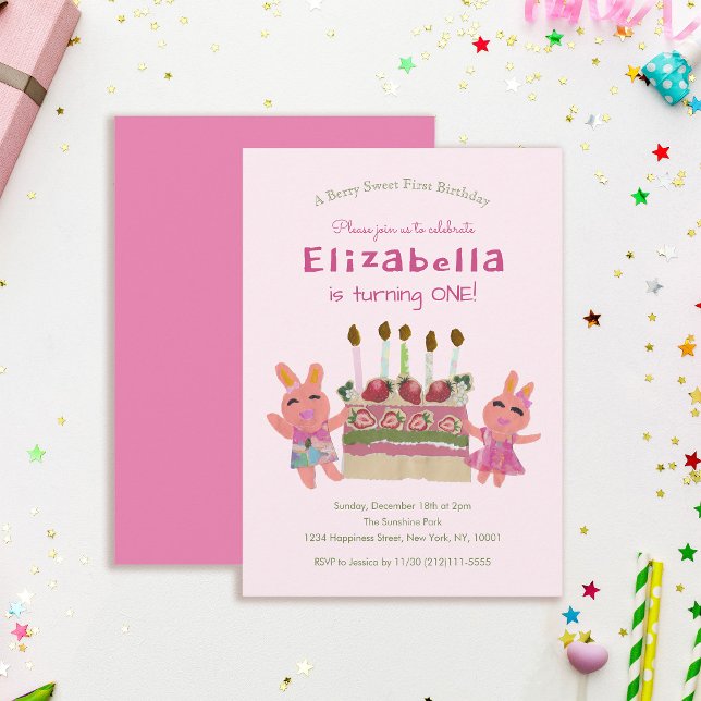 Invitation Lapins Sucrés Bébé Rose Premier Anniversaire (Créateur téléchargé)