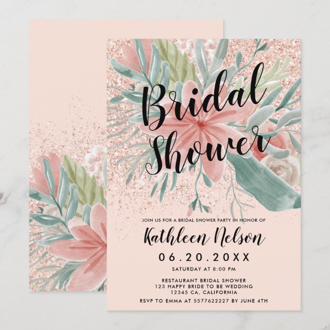 Invitation L'aquarelle florale de parties scintillantes (Devant / Derrière)