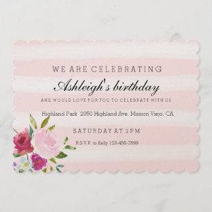 Invitation L'Aquarelle rose romantique frise l'anniversaire d