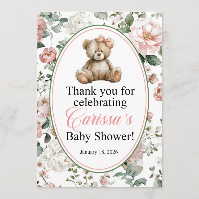 Invitation LAQUITA teddy bear Baby Shower sign for Carissa (Devant)