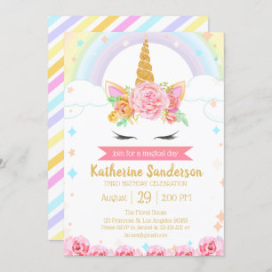 Invitation L'Arc-en-ciel magique Unicorn face aux filles flor