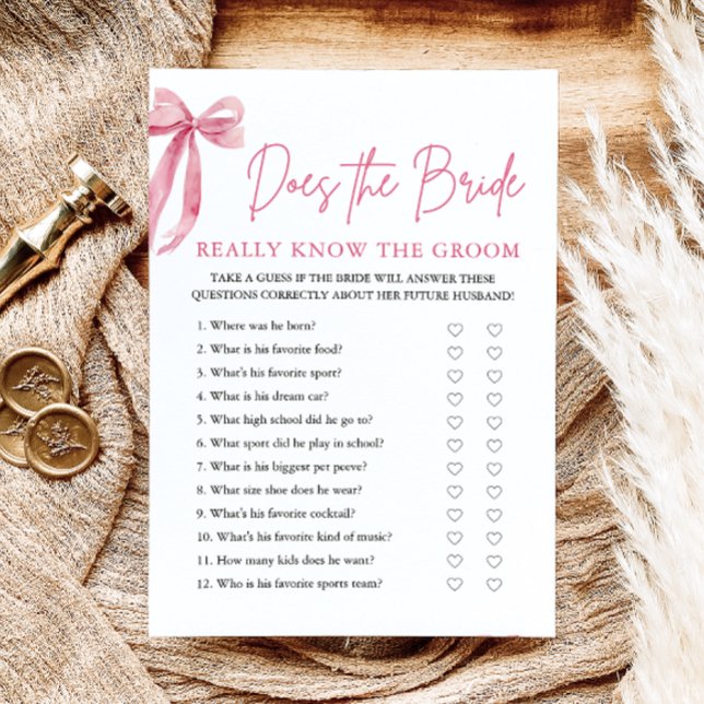 Invitation L'Arc Rose - La Mariée Connaît-Elle Vraiment le Ma (Pink Bow Does The Bride Really Know The Groom Game )