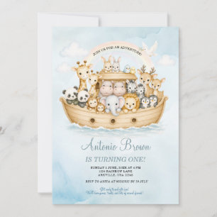 Invitation L'arche de Noé 1er anniversaire garçon aquarelle