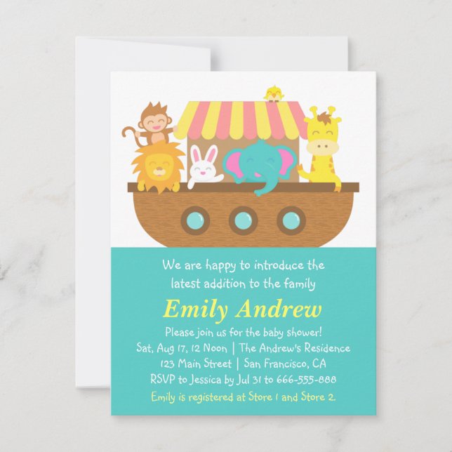 Invitation L'arche de Noé, Animaux Mignons, Baby Shower (Devant)