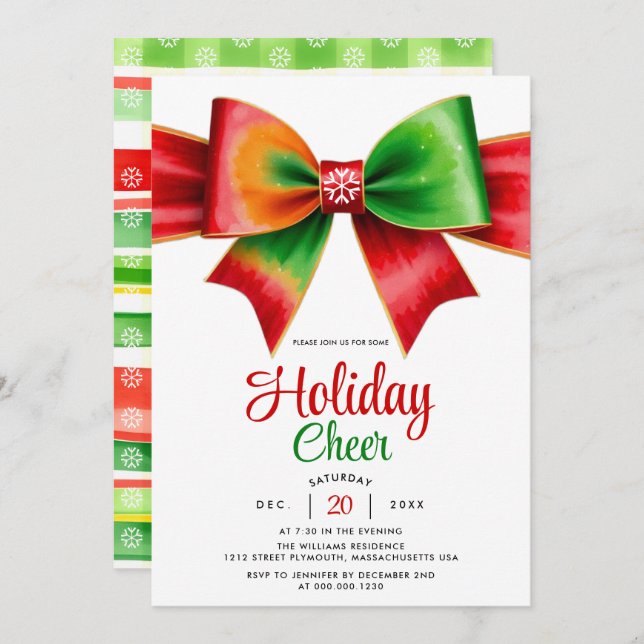 Invitation Large red, green bow and stripes Christmas party (Devant / Derrière)