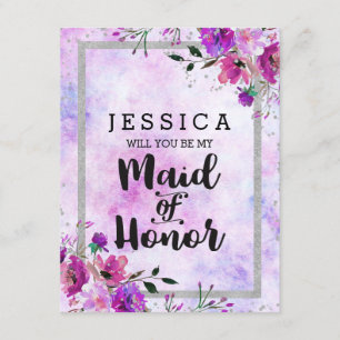 Invitation L'argent floral violet vous serez ma femme d'honne