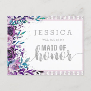 Invitation L'argent floral violet vous serez ma femme d'honne