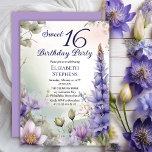 Invitation Larkspur Eau Lily Floral Sweet 16 Anniversaire Fêt<br><div class="desc">Elégant design floral "Sweet 16 Birthday Party" avec cadre floral de larkspur violet et nénuphars sur un arrière - plan d'aquarelle pastel.</div>