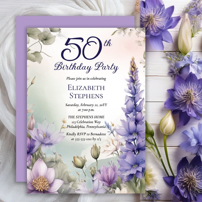 Invitation Larkspur | Fleur de Nénuphar Fête d'anniversaire 5 (Elegant Boho Larkspur and Water Lilies Floral 50th Birthday Party Invitation - Print | Digital)