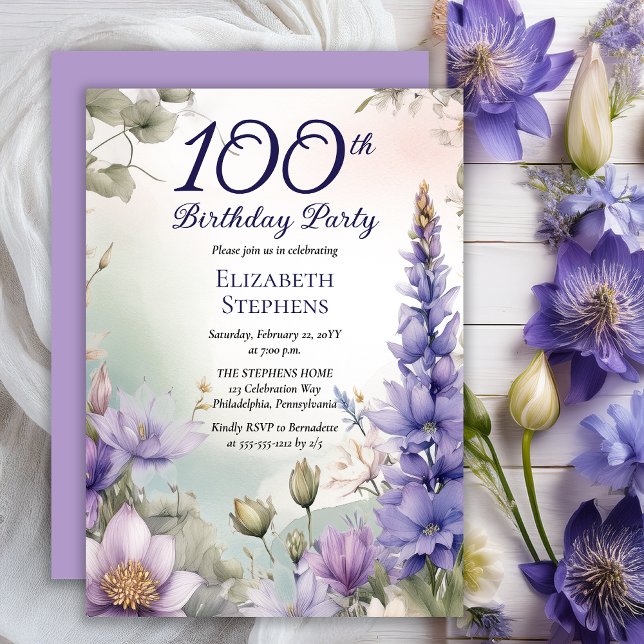 Invitation Larkspur | Water Lily Floral 100e fête d'anniversa (Elegant Boho Larkspur and Water Lilies Floral 100th Birthday Party Invitation - Print | Digital)