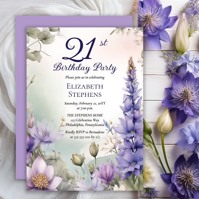 Invitation Larkspur | Water Lily Floral 21e fête d'anniversai (Elegant Boho Larkspur and Water Lilies Floral 21st Birthday Party Invitation - Print | Digital)