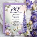 Invitation Larkspur | Water Lily Floral 30th Birthday Party<br><div class="desc">Elegant larkspur and water lilies floral design "30th Birthday Party" design featuring a floral frame of purple larkspur and water lilies on a pastel-toned watercolor background.</div>