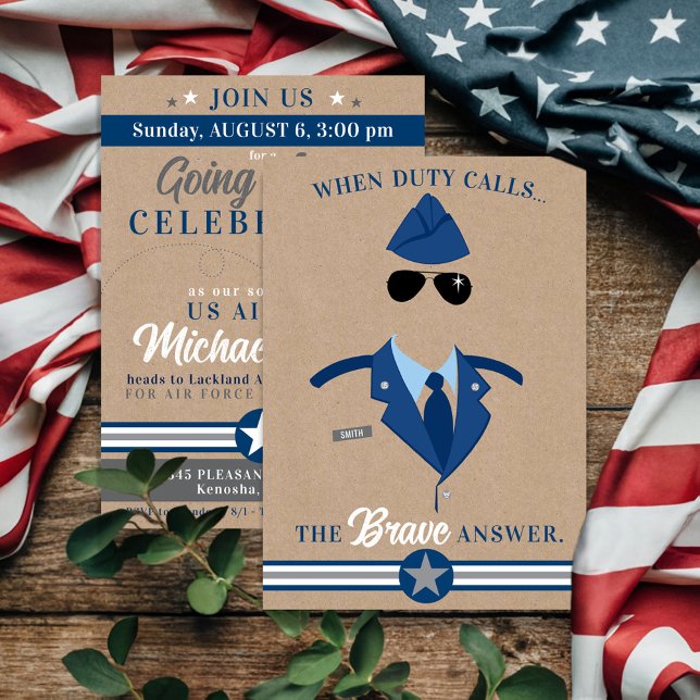 Invitation L'armée de l'air s'en va Parti MARINE BLUE GRAY Mi (Navy Blue Rustic Kraft Air Force Airman Going Away Party Invitation, Military Farewell Celebration)