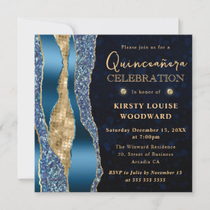 Invitation Larmes de Glam Bleu et Or Bokeh Quinceanera