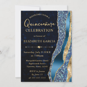 Invitation Larmes de Glam Bleu et Or Bokeh Quinceanera