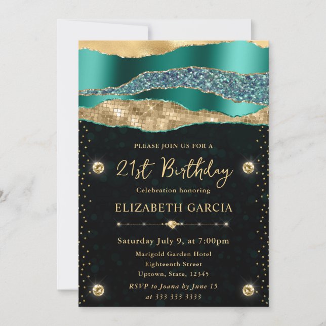 Invitation Larmes de Glam sarcelle et or Bokeh Fête d'anniver (Devant)
