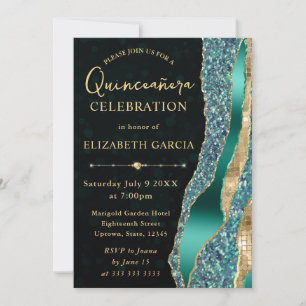 Invitation Larmes de Glam sarcelle et or Bokeh Quinceanera