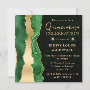 Invitation Larmes de glam vert et or Bokeh Quinceanera
