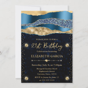 Invitation Larmes de glamour bleu et or Bokeh Fête d'annivers
