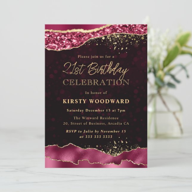 Invitation Larmes de glamour bordeaux et or pour 21 ans (Debout devant)