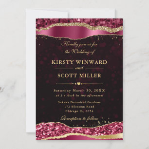 Invitation Larmes de glamour bourgogne et or Bokeh de mariage