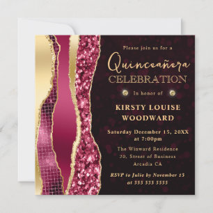 Invitation Larmes de glamour bourgogne et or Bokeh Quinceaner