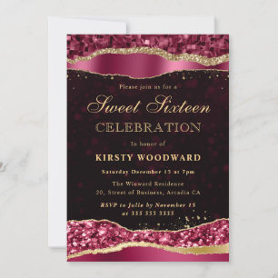 Invitation Larmes de Glamour Bourguignon et Or pour un Sweet