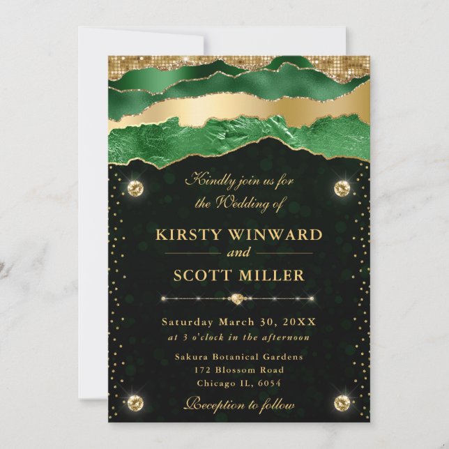 Invitation Larmes de glamour vert et or Bokeh de mariage (Devant)