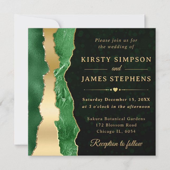 Invitation Larmes de glamour vert et or Bokeh de mariage (Devant)