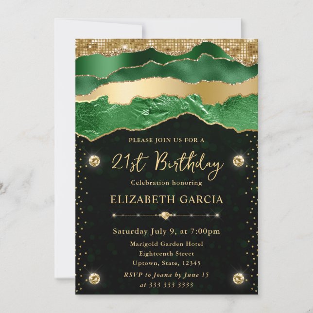 Invitation Larmes de glamour vert et or Bokeh Fête d'annivers (Devant)