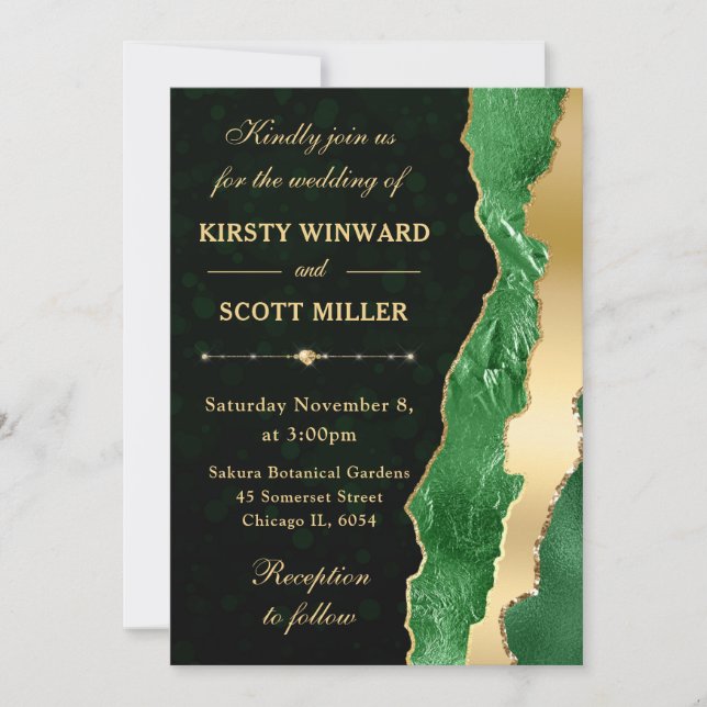 Invitation Larmes de glamour vert et or Mariage bokeh (Devant)