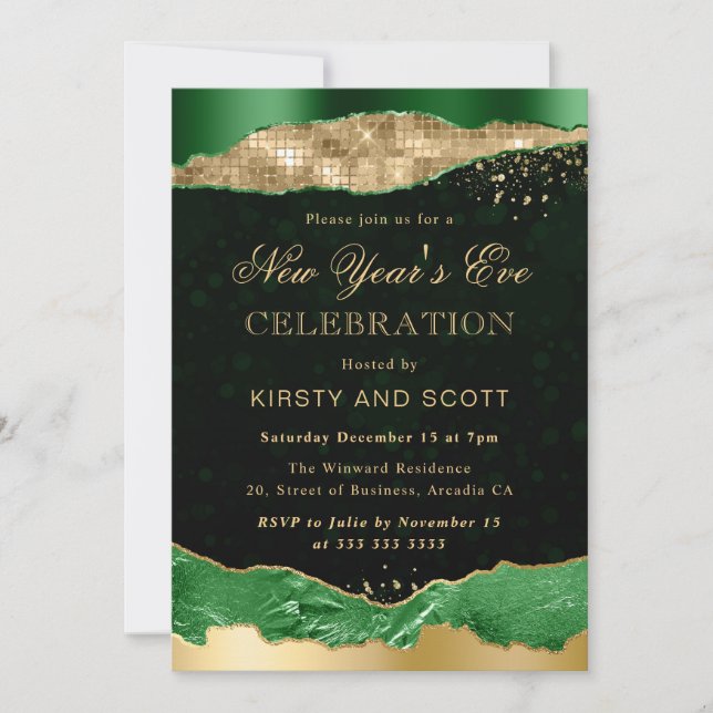 Invitation Larmes de glamour vert et or Nouvel An (Devant)