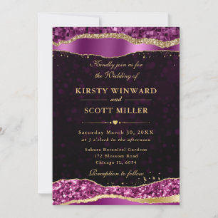 Invitation Larmes de glamour violet et or Bokeh de mariage