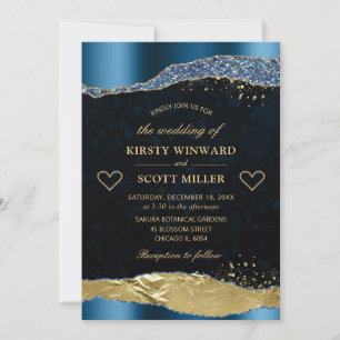 Invitation Larmes de mariage pailletées élégantes bleu et or
