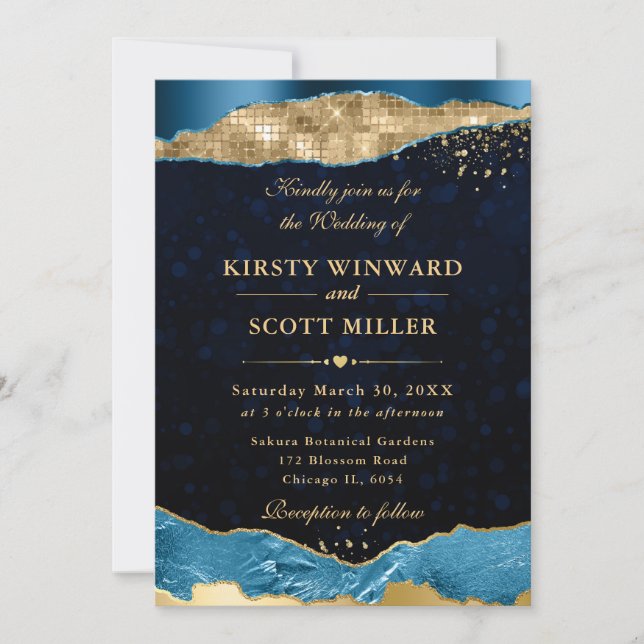 Invitation Larmes et Bokeh de mariage Bleu et Or Glam (Devant)