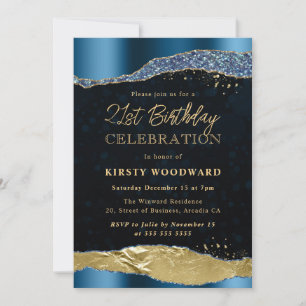 Invitation Larmes Pailletées Bleu et Or pour 21ème Anniversai