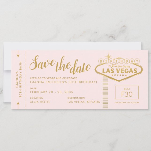 Invitation Las Vegas Anniversaire rose or Enregistrer le tick (Devant)