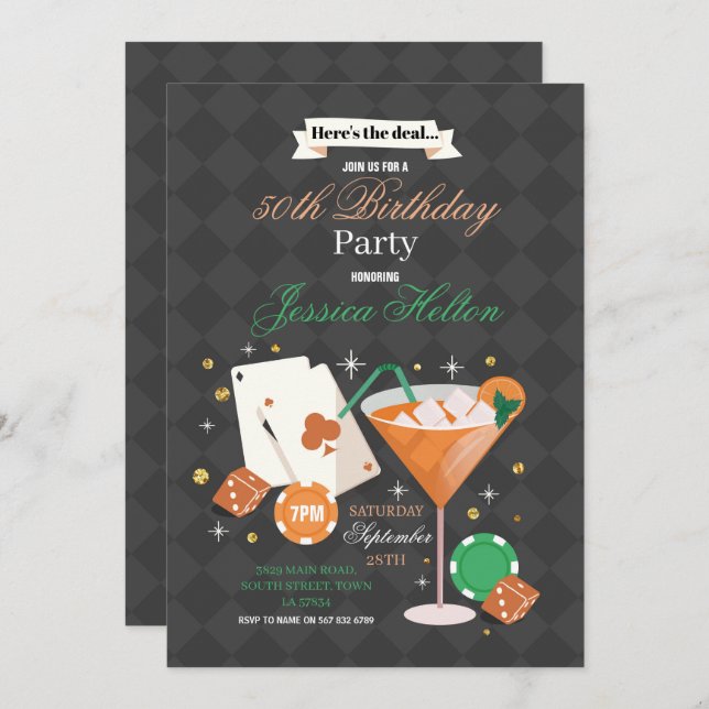 Invitation Las Vegas Birthday Casino Dice Chips Martini Party (Devant / Derrière)