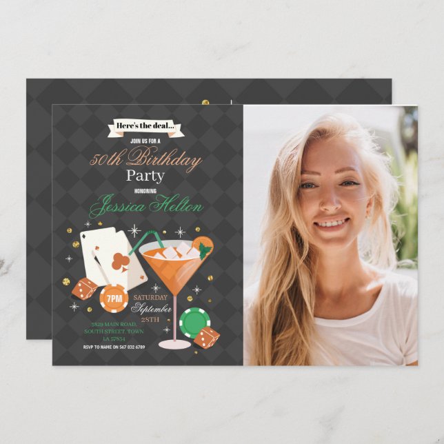 Invitation Las Vegas Birthday Casino Dice Chips Photo Party (Devant / Derrière)