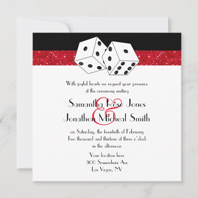 Invitation Las Vegas Mariage Dice Thème Ruby Red Faux Parties (Devant)