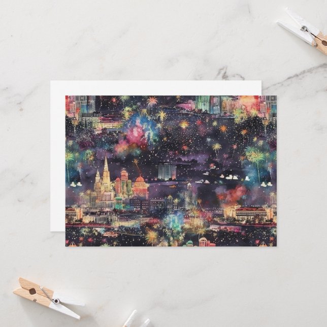 Invitation Las Vegas Noël et Nouvel An en aquarelle (Devant/Arrière en situation)