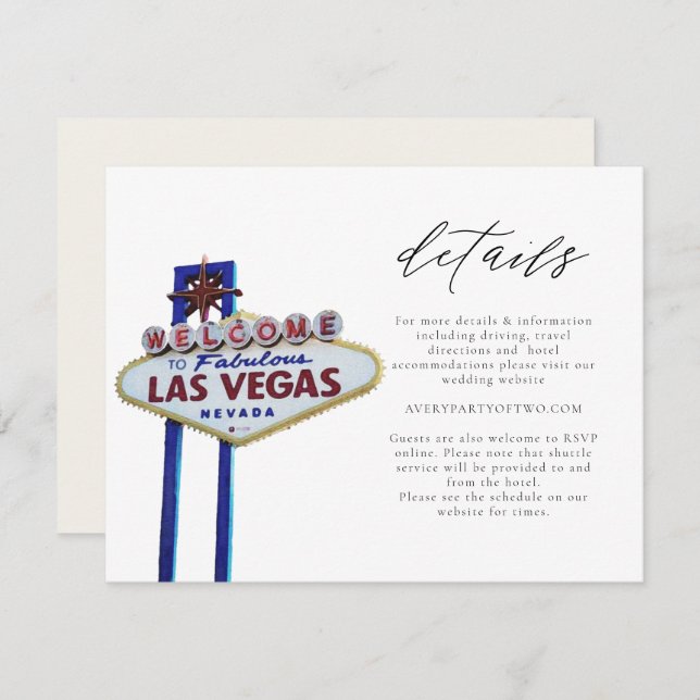 Invitation LAS VEGAS Sign Mariage ou Event Details Card (Devant / Derrière)